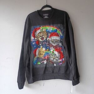 Hybrid Tees Ugly Christmas Sweater Cats Santa Hats Rainbow Space‎ XL Black